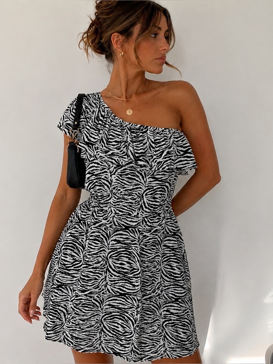 Cotton On Dresses & Skirts - Cotton On Zebra Print One Shoulder Mini Dress Ruffle Animal Print Size L